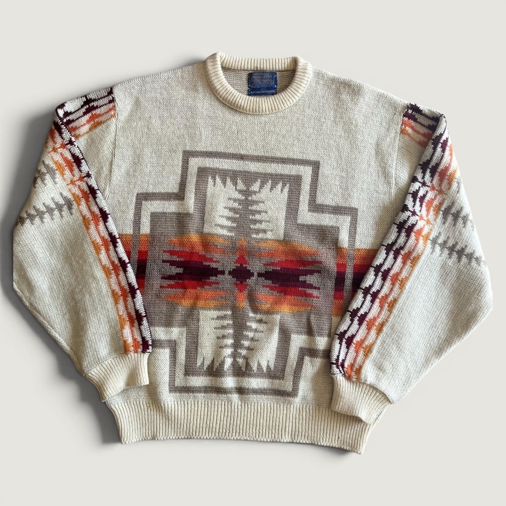 Vintage Pendleton Sweater Mens XL Cream Southwest Geometric Wool Pullover USA